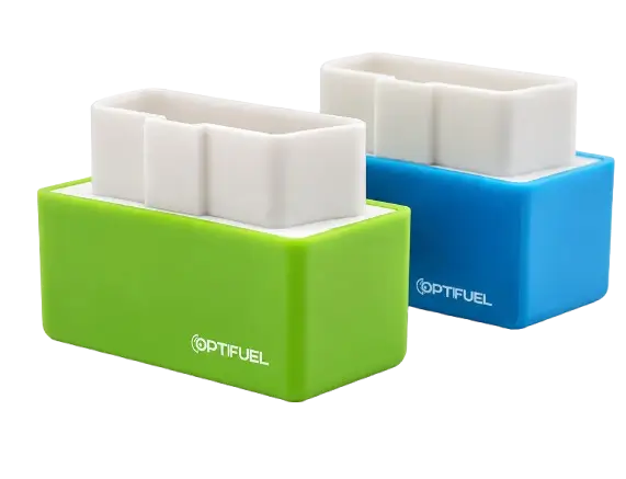 Green and blue OptiFuel OBD2 devices